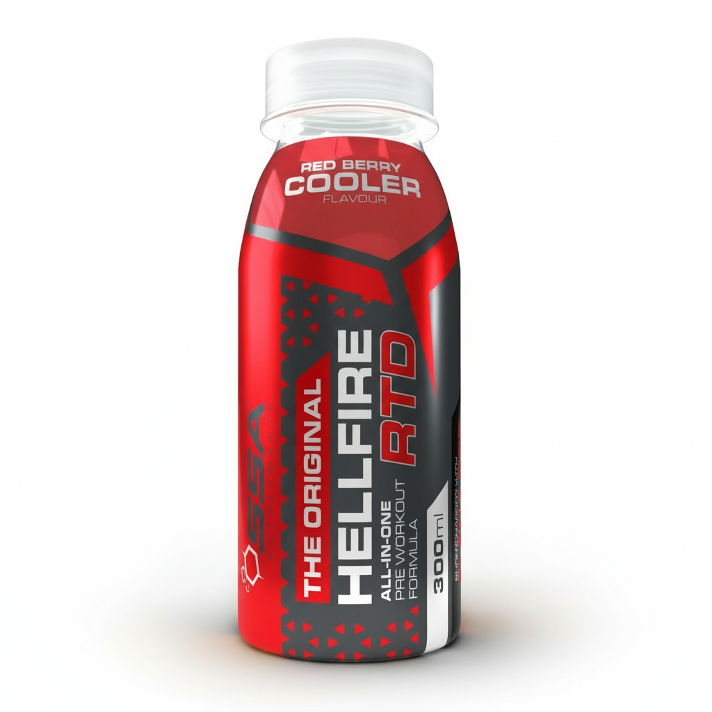 Red and black supplement bottle labeled 'Hellfire RTD' on a white background Muscle Mecca