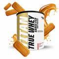 Titan True Whey Grass-Fed protein powder with caramel cookies on a white background Muscle Mecca