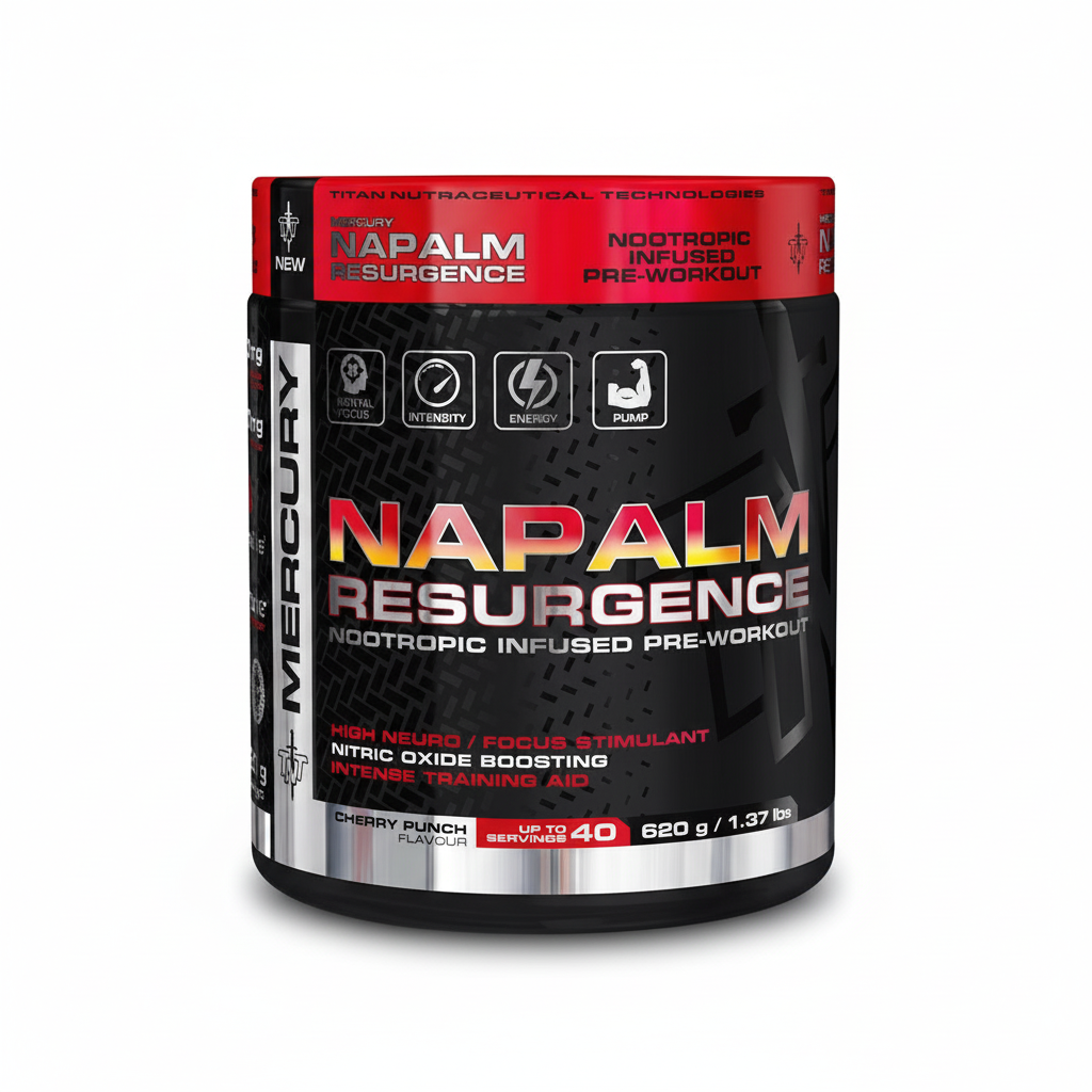 Napalm Resurgence pre-workout supplement container on a white background Muscle Mecca
