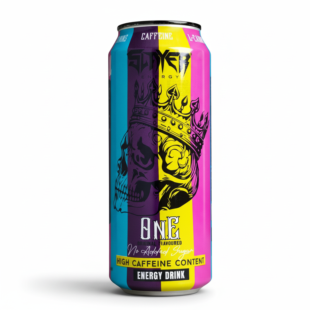 Colorful can of energy drink with a skull design on a white background Muscle Mecca