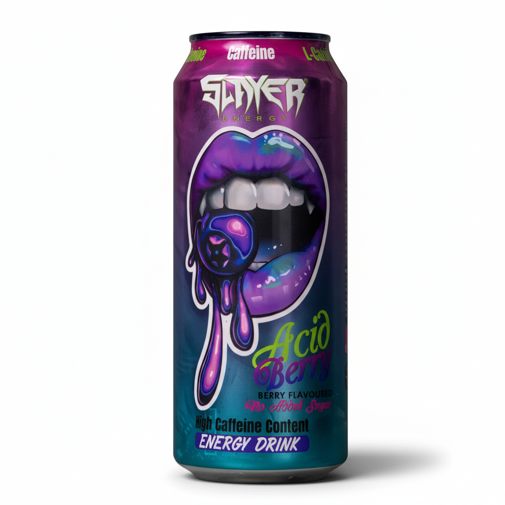 Energy drink can with colorful design and text on a white background Muscle Mecca