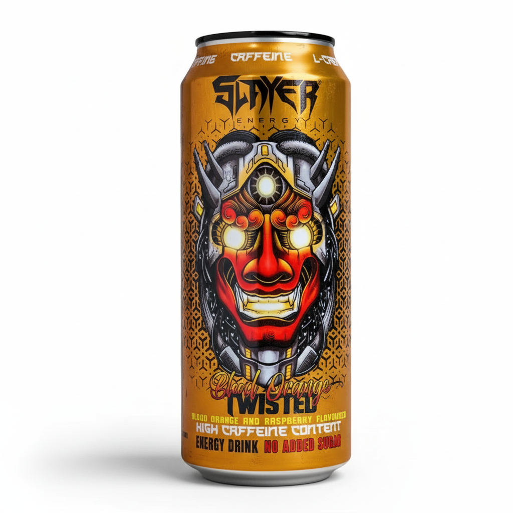 Slayer energy drink can with a stylized face design on an orange background Muscle Mecca