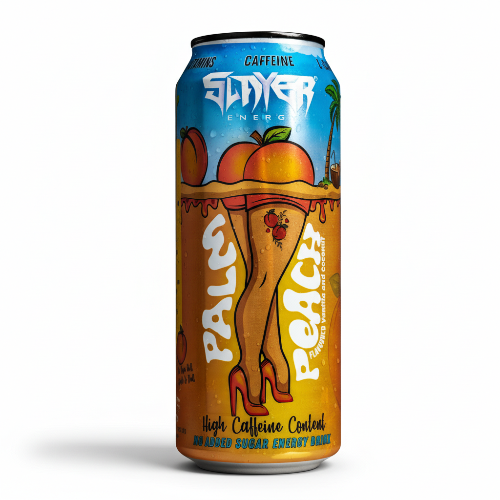 Energy drink can with Slayer branding and peach flavor text on a white background Muscle Mecca