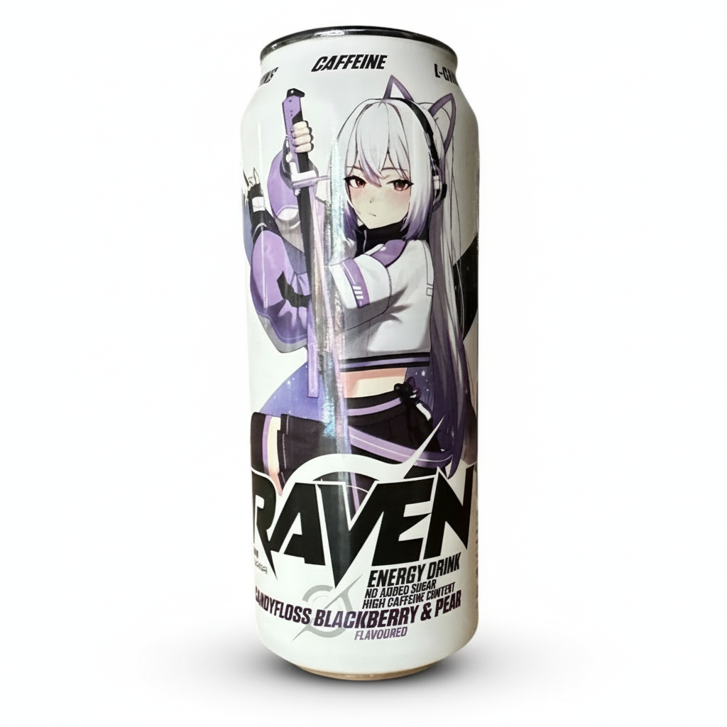 Energy drink can with anime character design on a white background Muscle Mecca