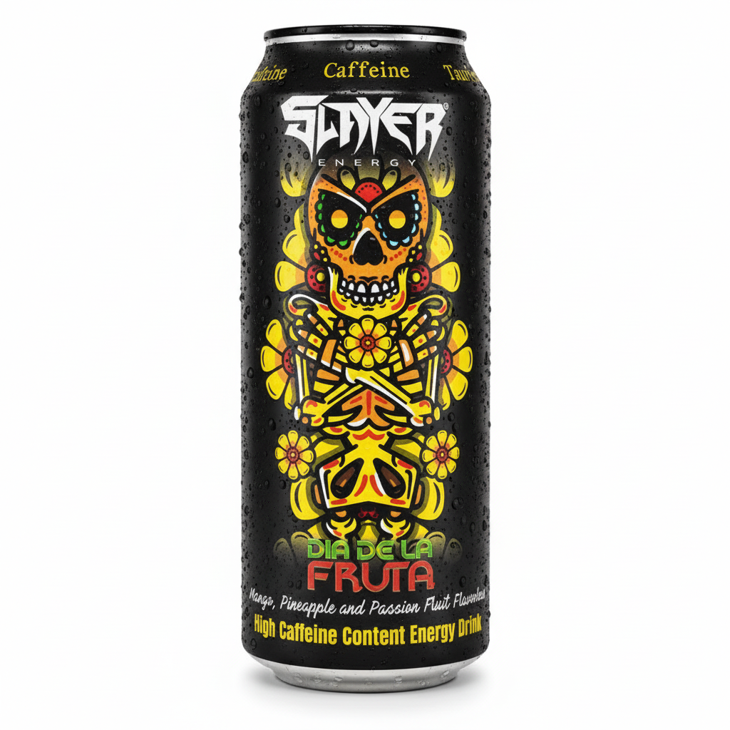 Energy drink can with colorful skull design and 'Slayer' branding on a white background Muscle Mecca