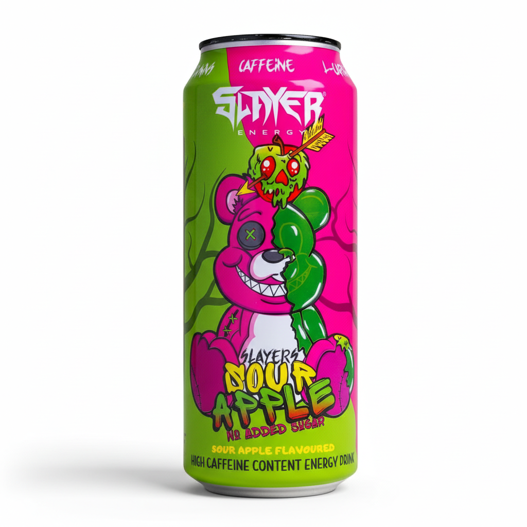 Slayer Sour Apple energy drink can with colorful design on a white background Muscle Mecca