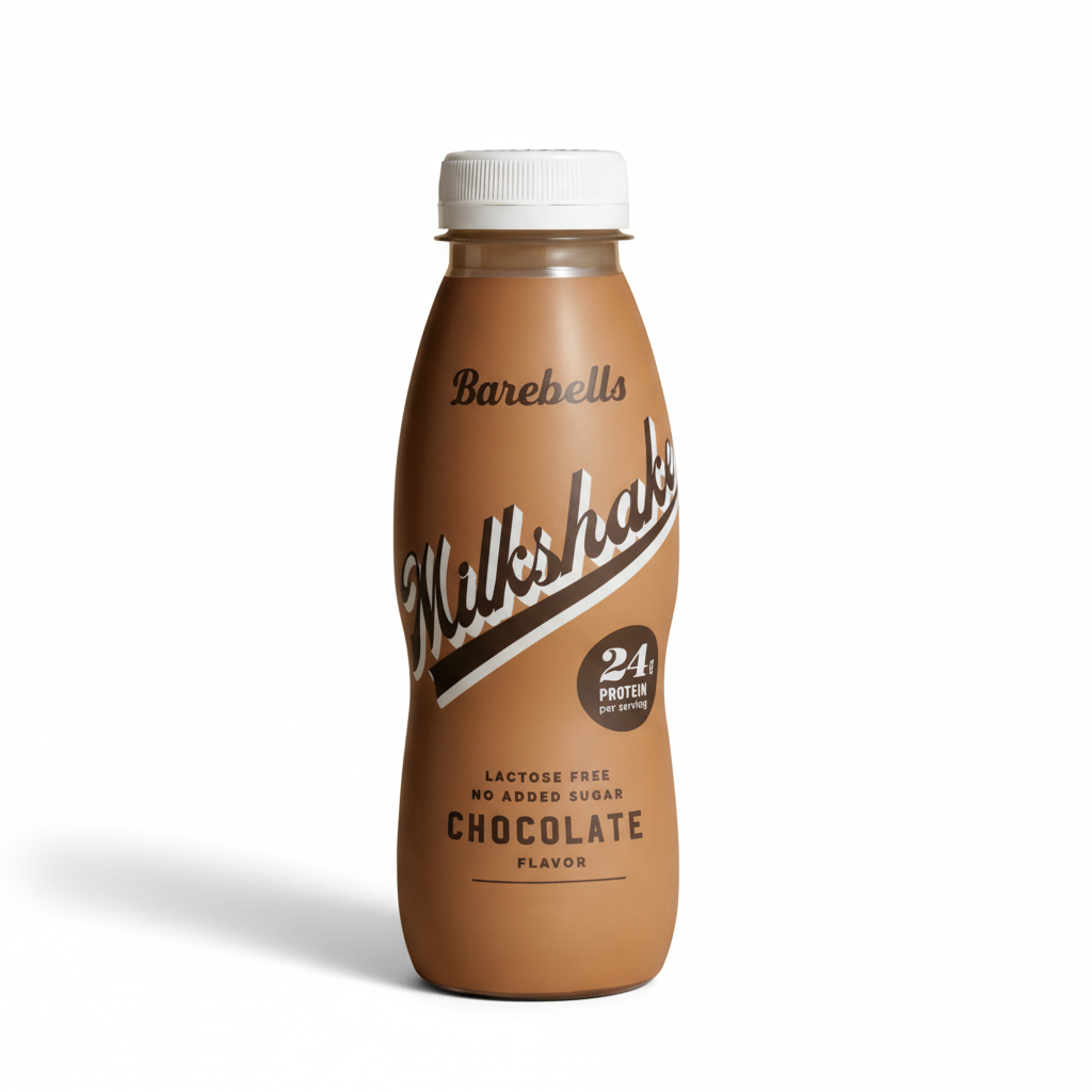Barebells Milkshake chocolate flavor bottle on a white background Muscle Mecca