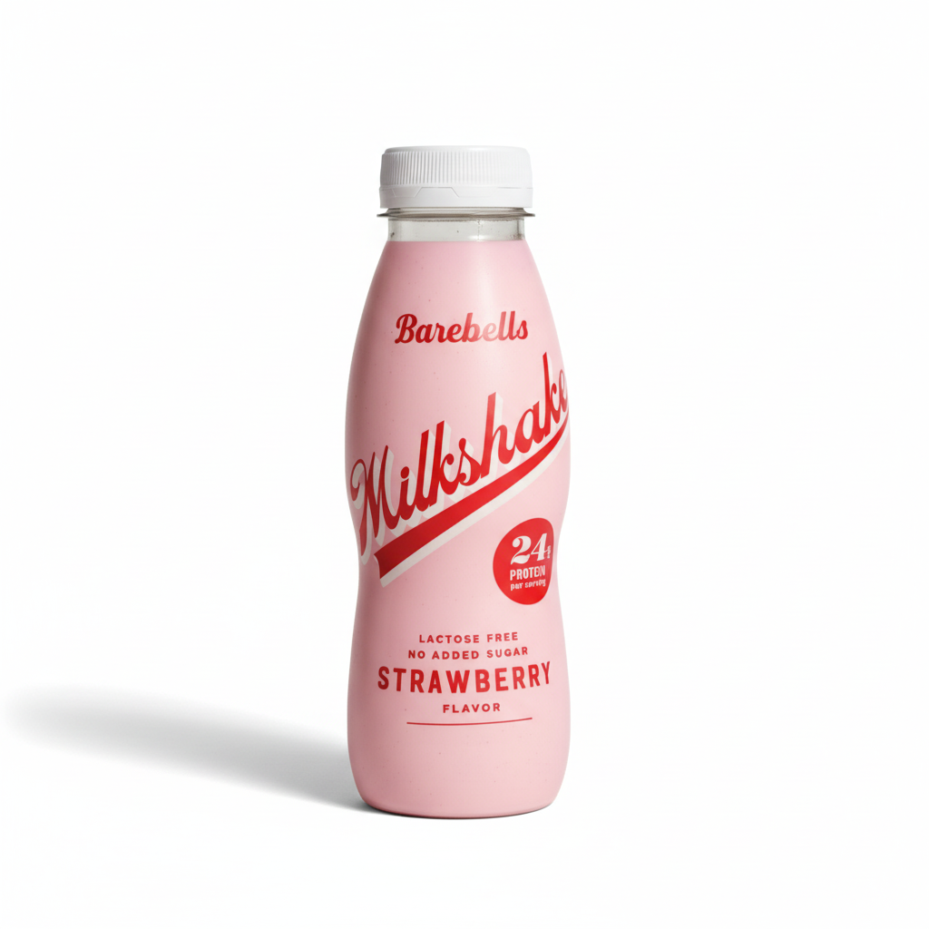 Pink bottle of Barebells Strawberry Milkshake on a white background Muscle Mecca