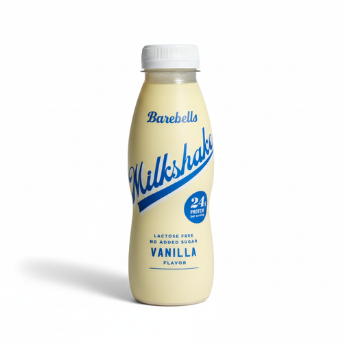 Barebells vanilla milkshake bottle on a white background Muscle Mecca