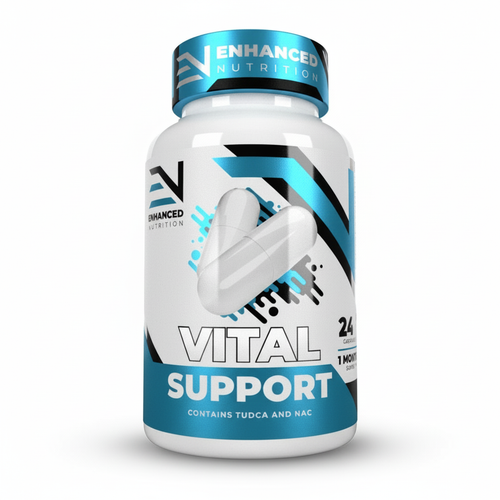 Supplement bottle labeled 'Vital Support' by Enhanced Nutrition on a white background Muscle Mecca