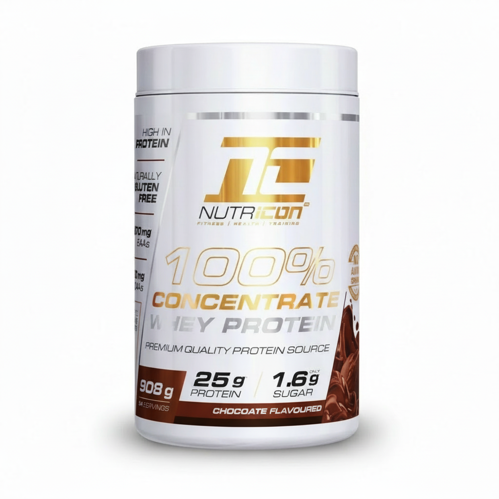 NutraCon 100% Concentrate Whey Protein container on a white background Muscle Mecca