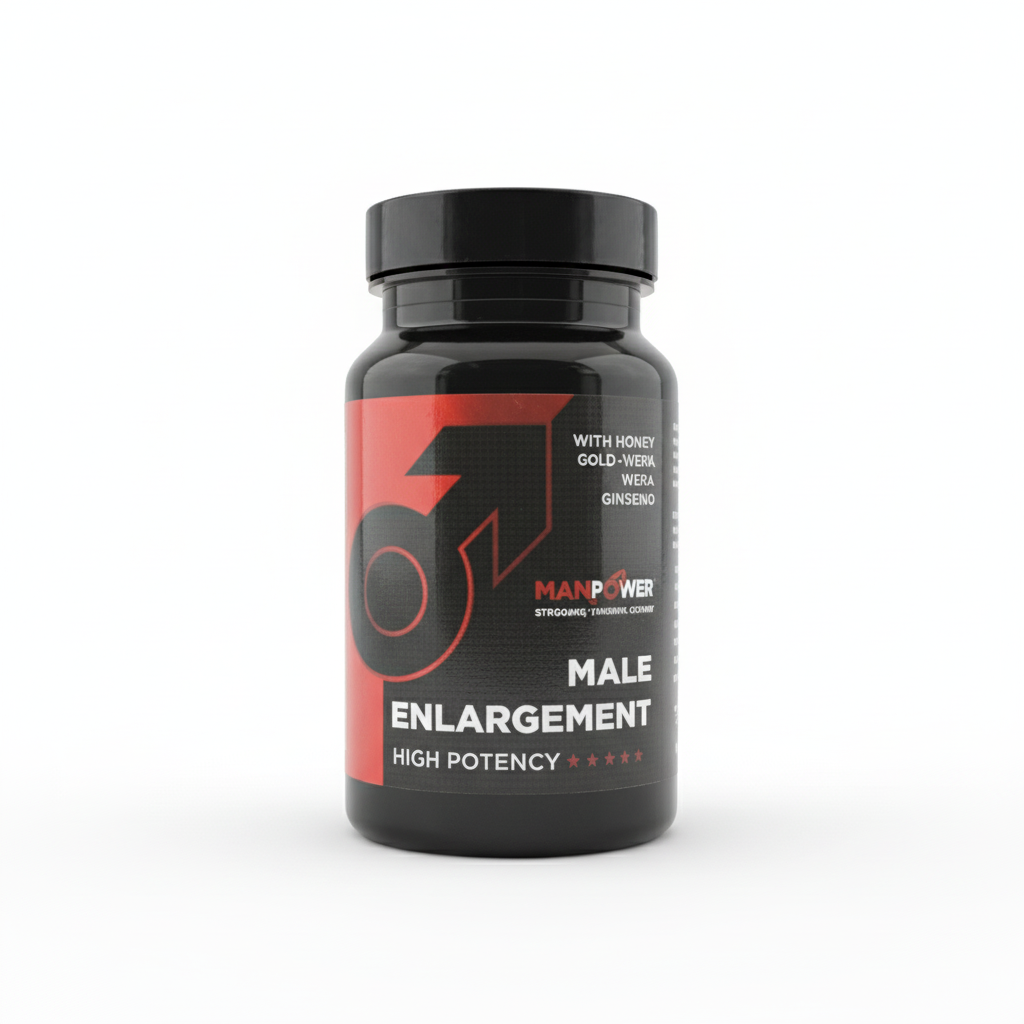 Black bottle labeled 'Male Enlargement' with red accents on a white background Muscle Mecca