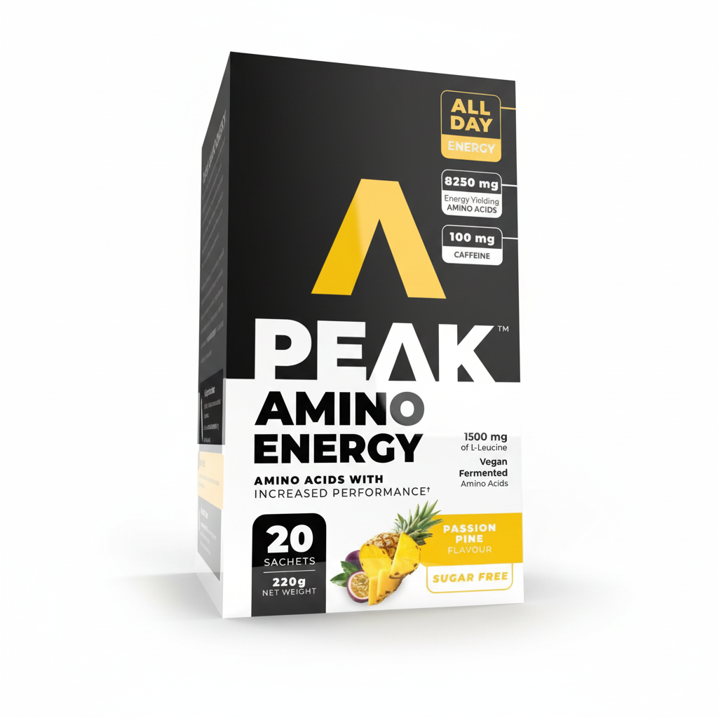 Peak Amino Energy supplement packaging on a white background