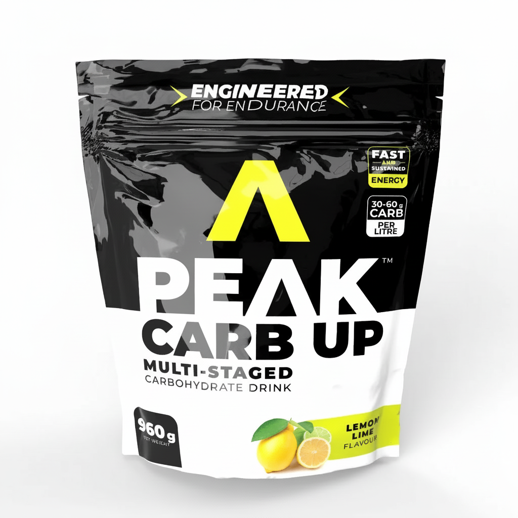 Peak Carb Up multi-staged carbohydrate drink package on a white background Muscle Mecca