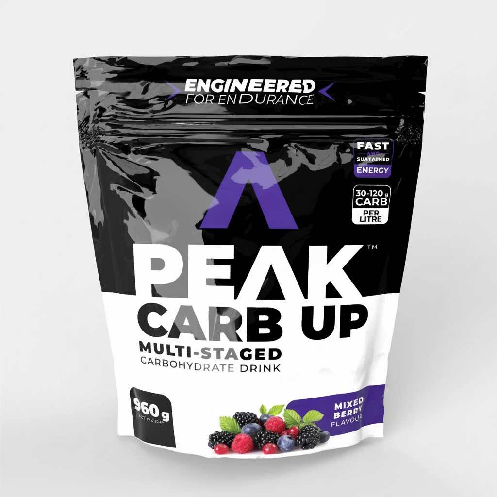 Peak Carb Up multi-staged carbohydrate drink package on a white background Muscle Mecca