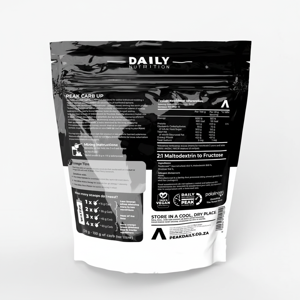 Black and white supplement package with detailed text on a white background Muscle Mecca