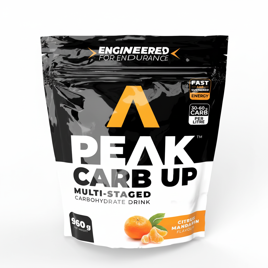 Peak Carb Up multi-staged carbohydrate drink package on a white background Muscle Mecca