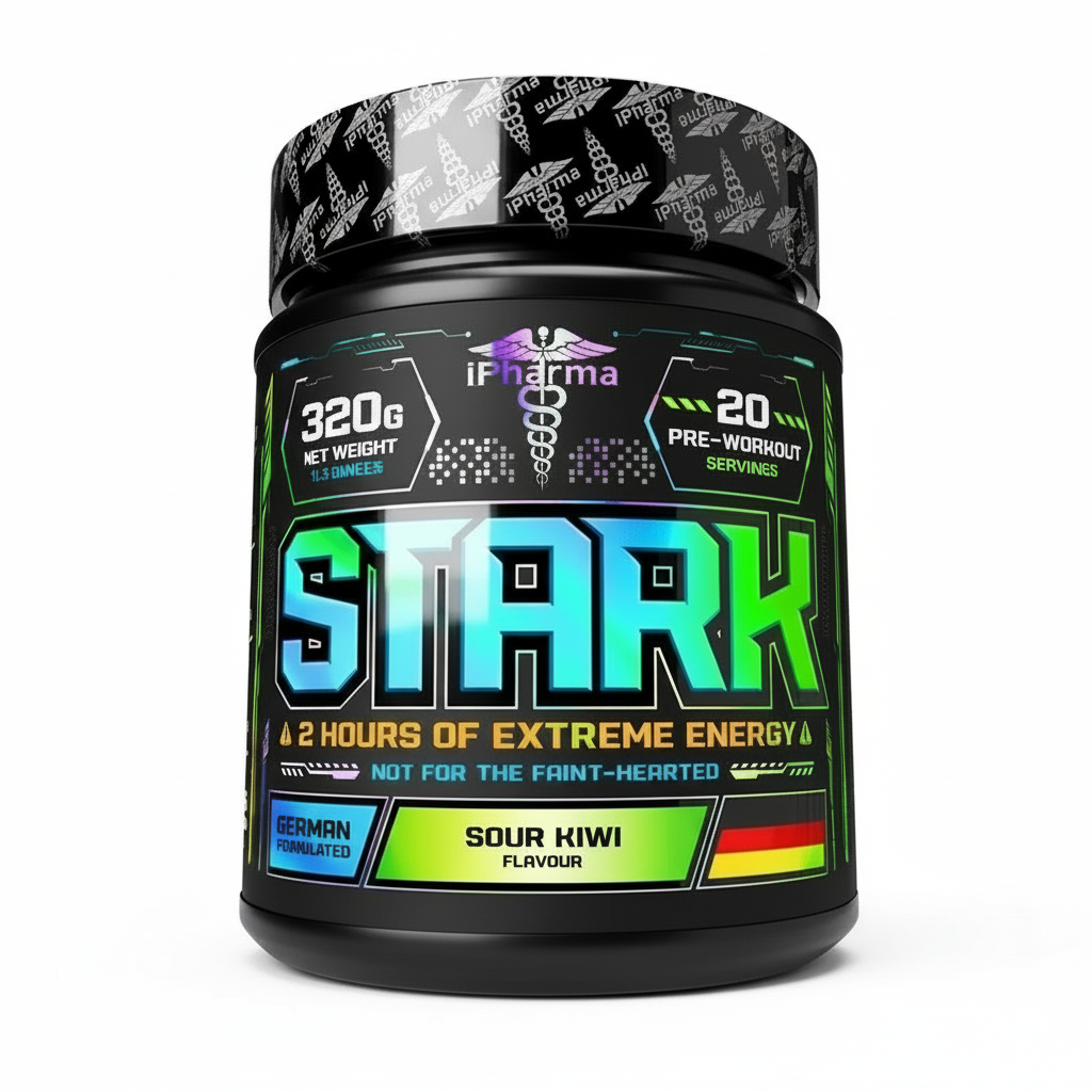 Supplement container labeled 'STARK' with colorful text on a white background