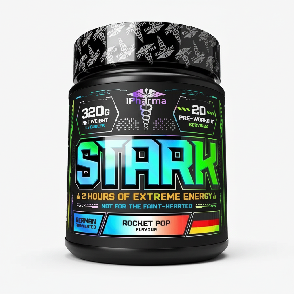 Supplement container labeled 'STARK' with colorful text on a white background