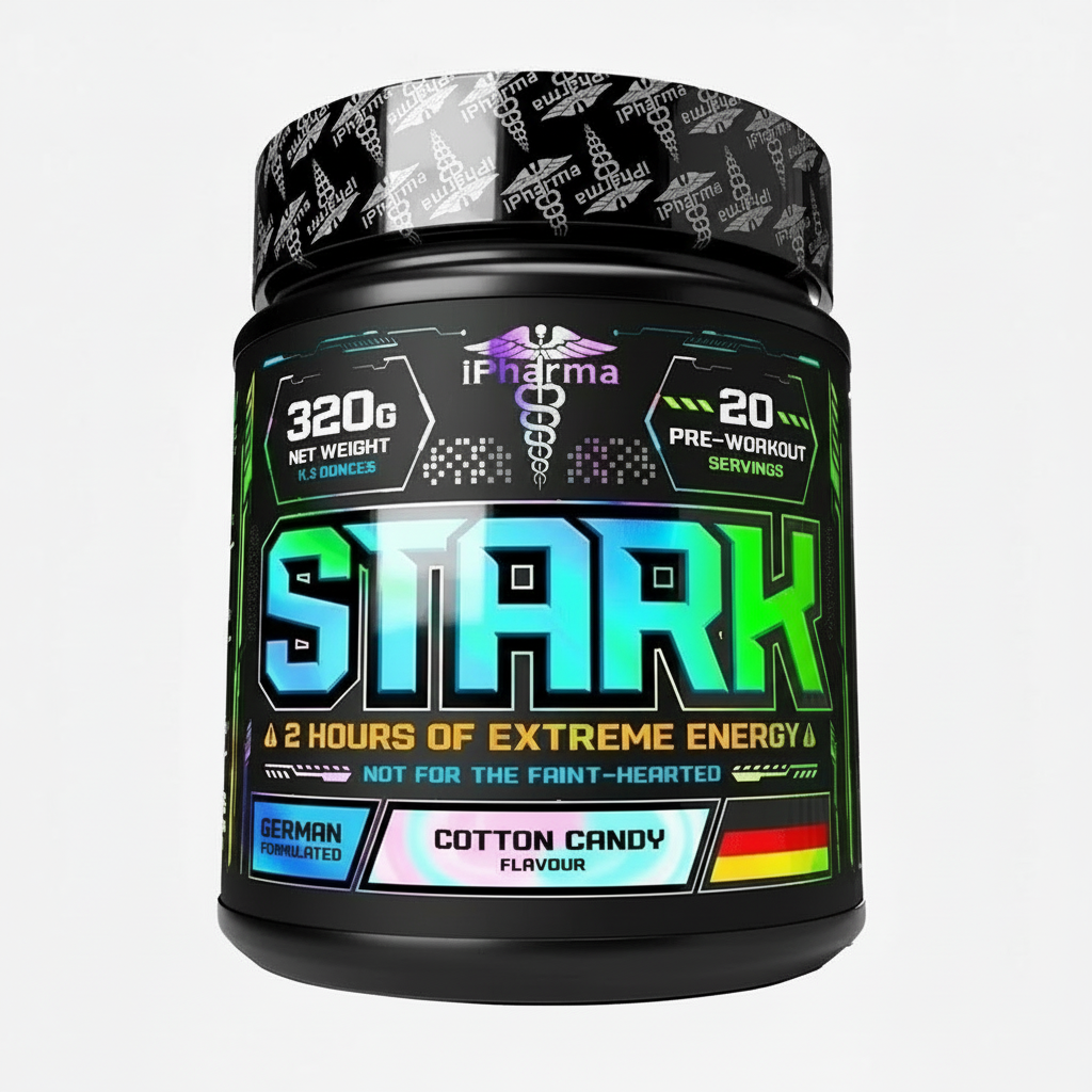 Supplement container labeled 'STARK' with colorful text on a white background