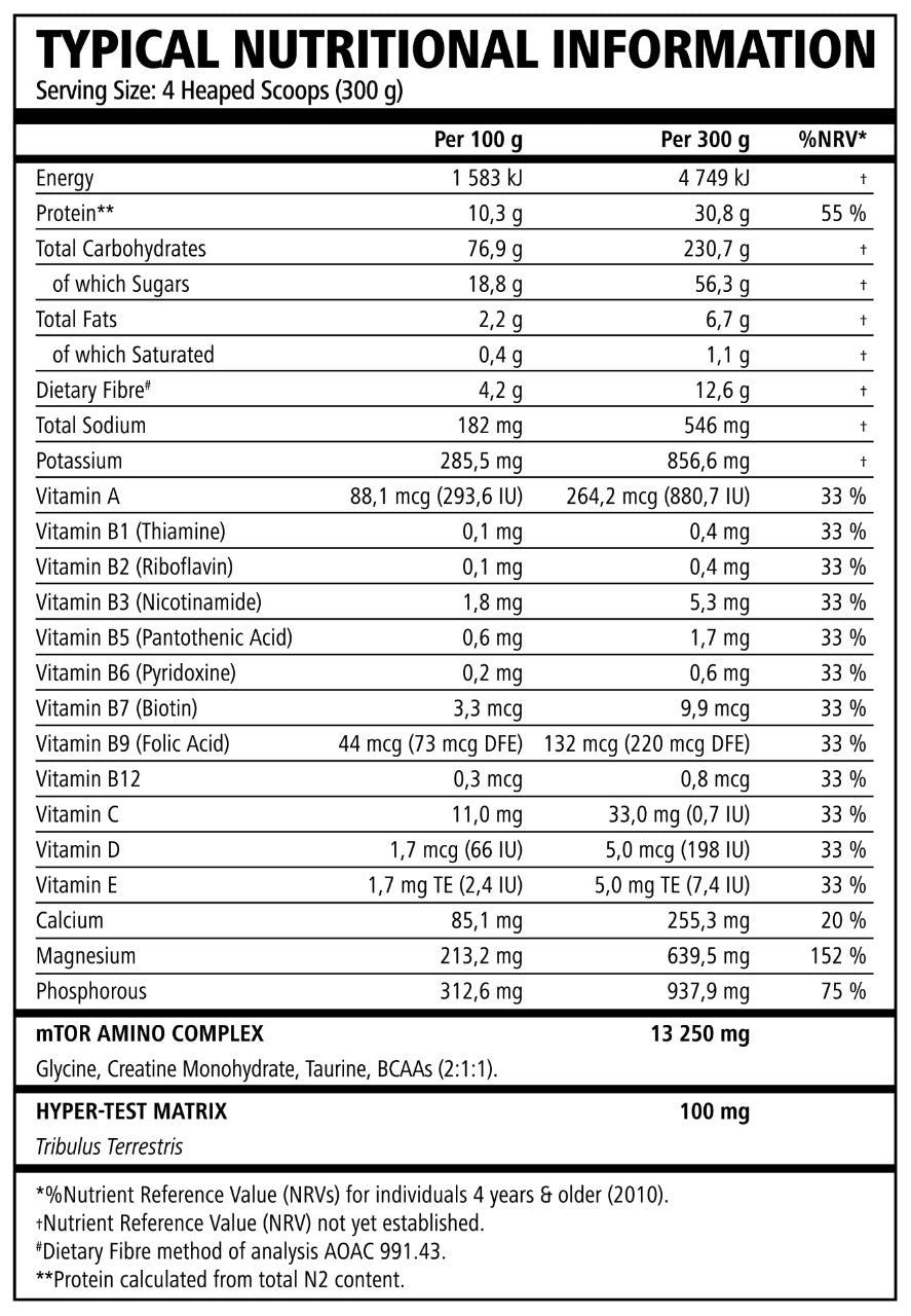 Nutritional information label for a supplement with serving size, energy, protein, and various nutrient details.