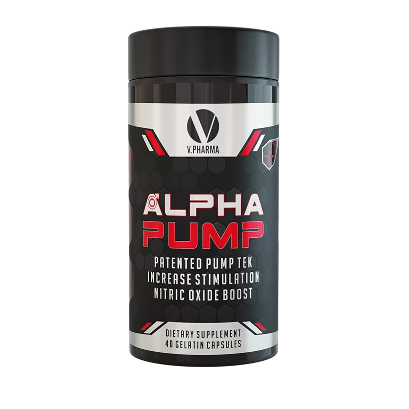 Supplement container labeled 'Alpha Pump' by V Pharma on a white background Muscle Mecca