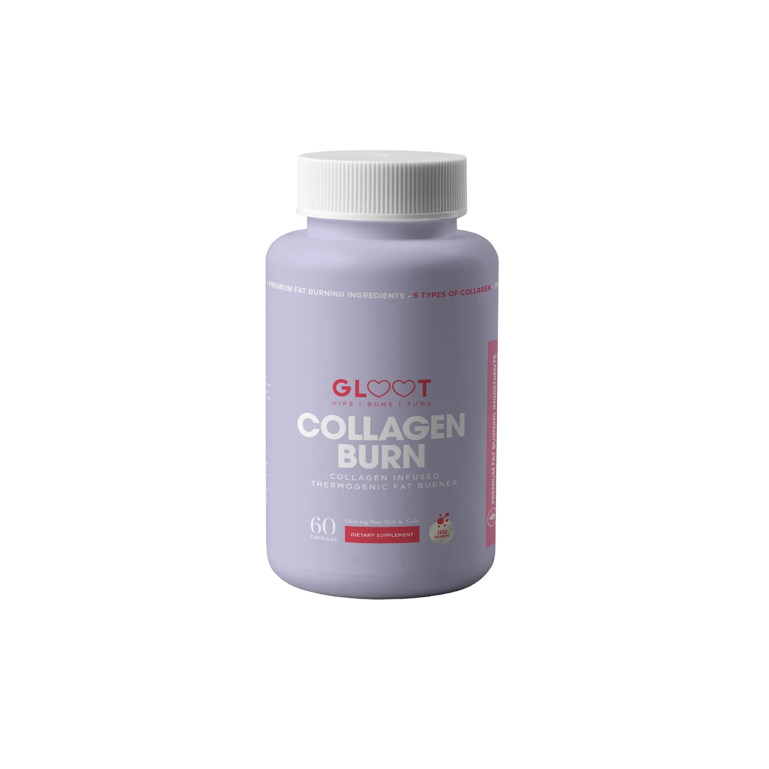 Purple supplement bottle labeled 'Collagen Burn' by GLOOT on a white background Muscle Mecca