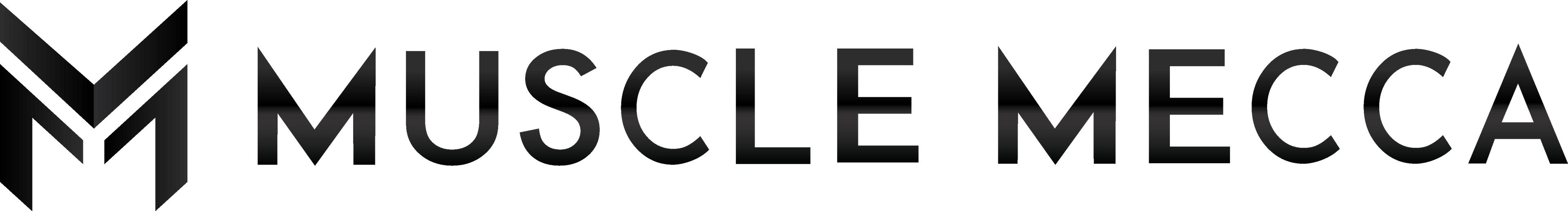 Logo of Muscle Mecca with a black 'M' on a white background