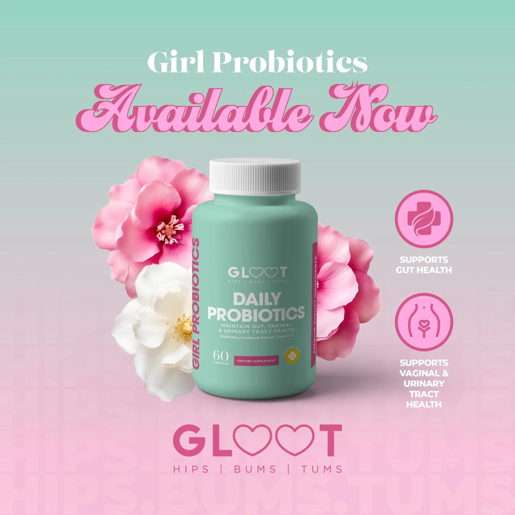 Gloot daily probiotics bottle with flowers on a gradient background Muscle Mecca