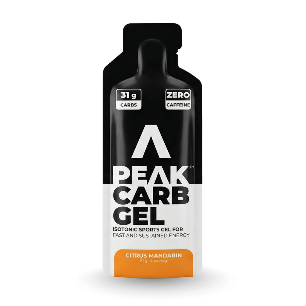 Peak Carb Gel packaging with black and white design on a white background Muscle Mecca