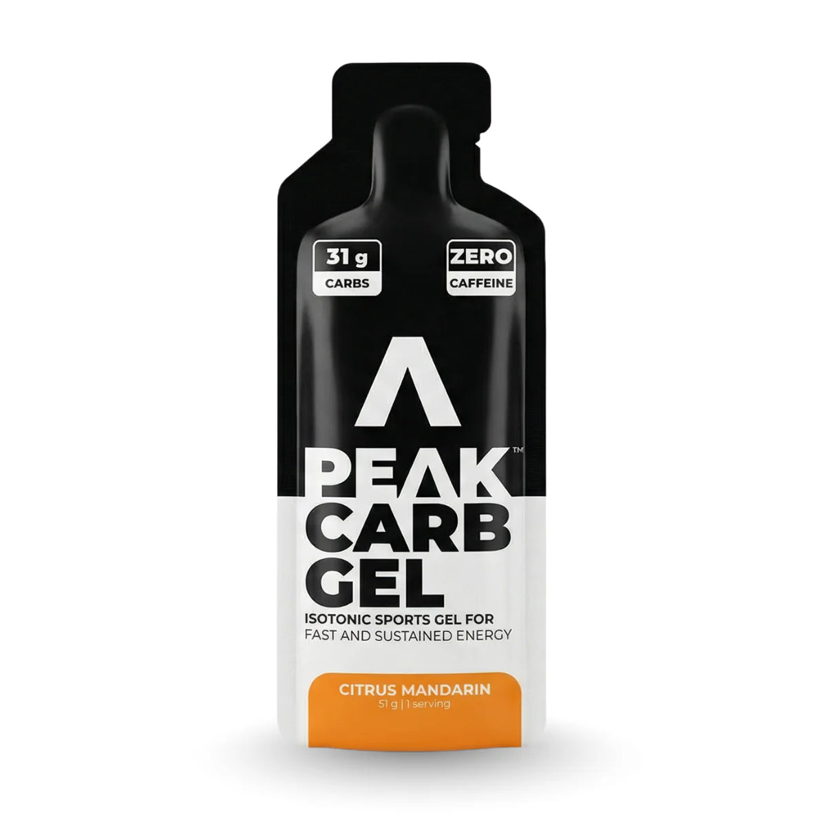 Peak Carb Gel packaging with black and white design on a white background Muscle Mecca