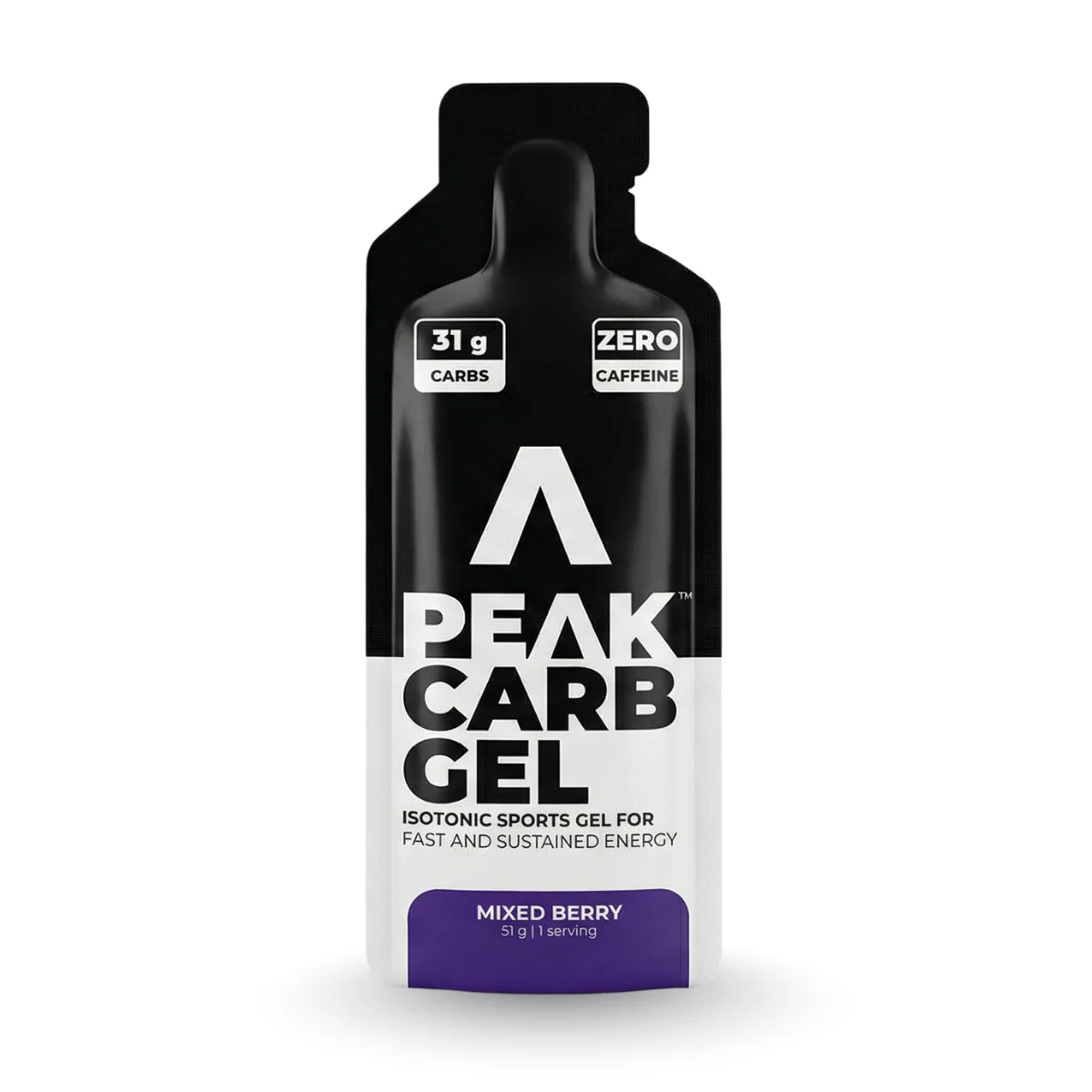 Peak Carb Gel packaging with black, white, and purple design on a white background Muscle Mecca