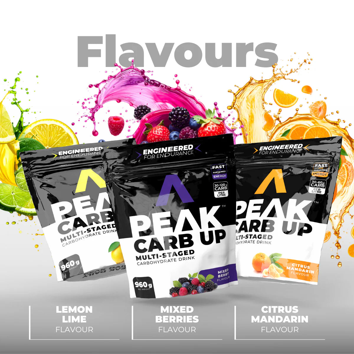 Peak Carb Up drinks with lemon lime, mixed berries, and citrus mandarin flavors on a colorful background. Muscle Mecca