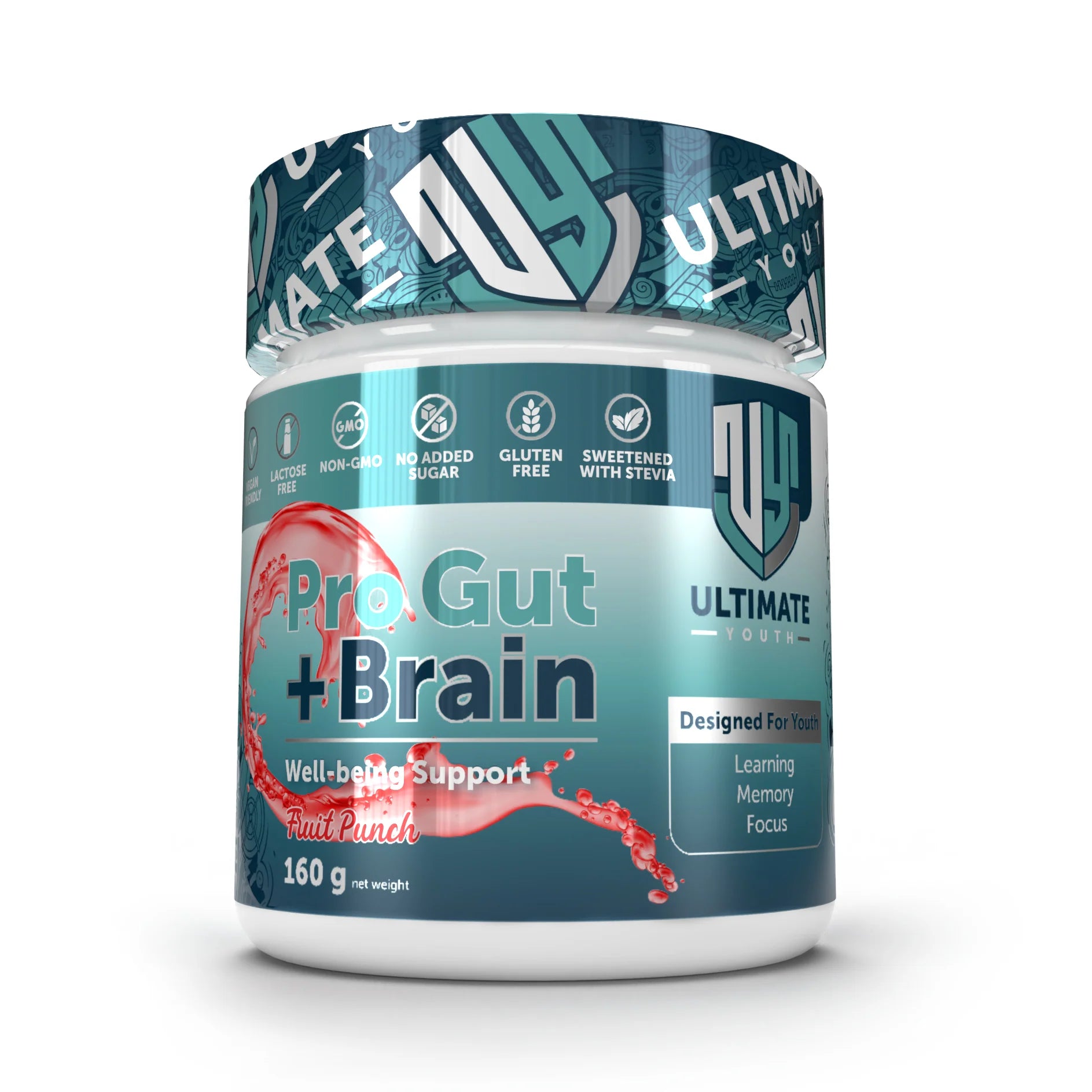 Supplement container labeled 'Pro Gut + Brain' on a white background