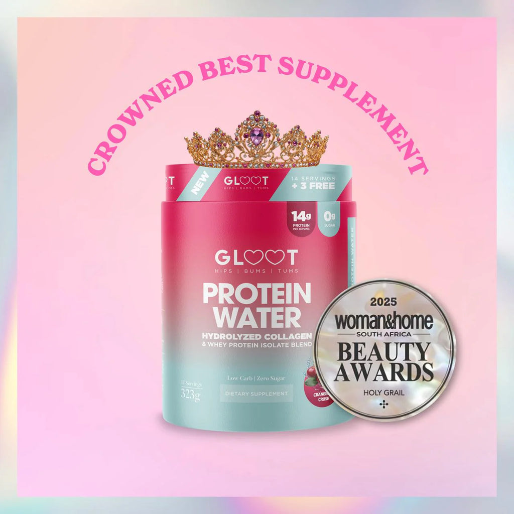 Gloot protein water container with a crown and award badge on a gradient background Muscle Mecca