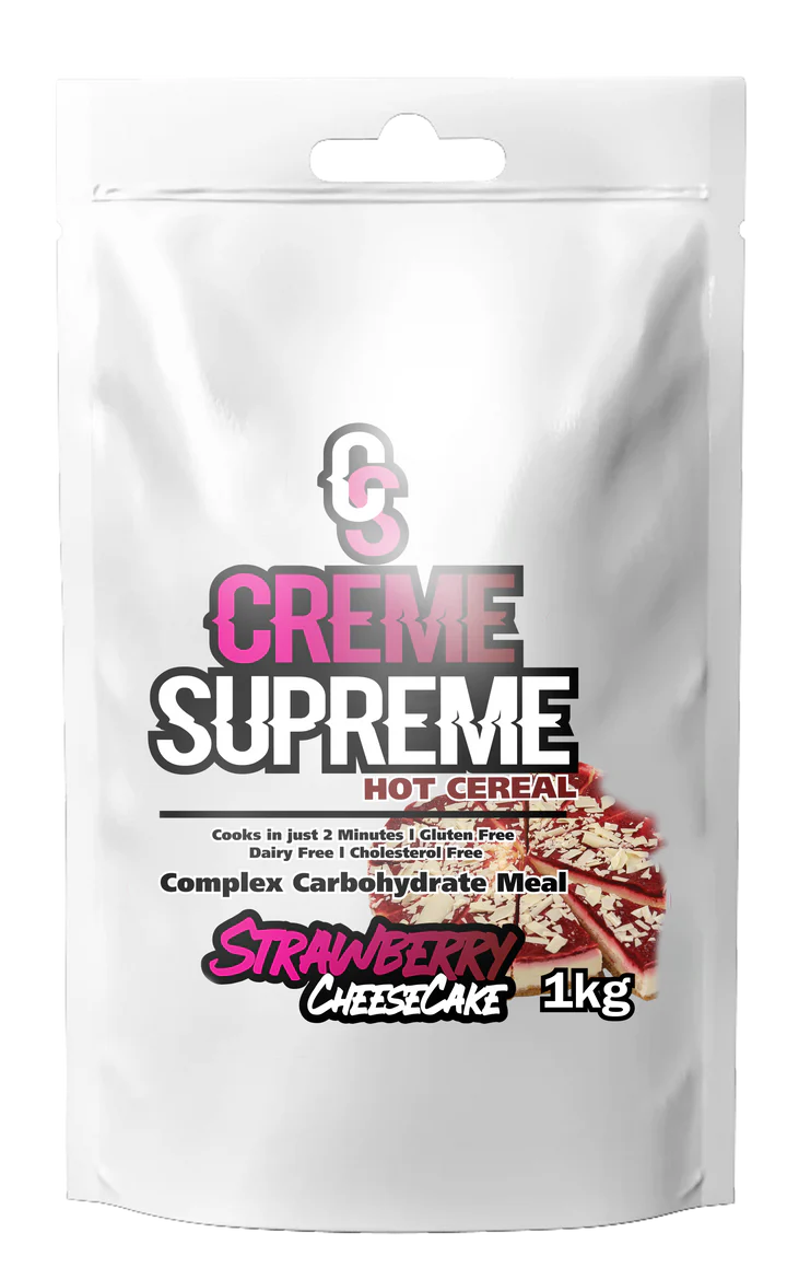 Package of Creme Supreme Hot Cereal with strawberry cheesecake flavor on a white background Muscle Mecca