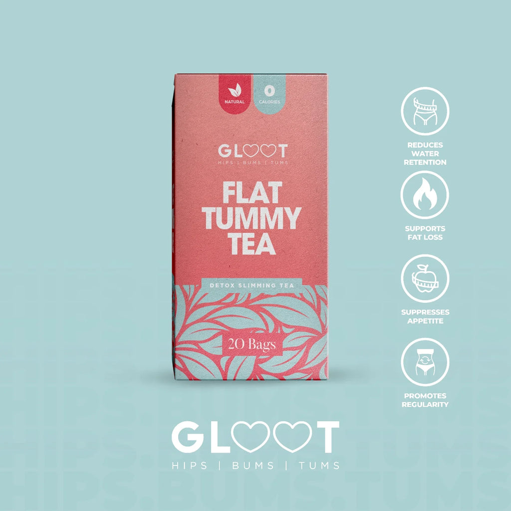 Box of Gloot Flat Tummy Tea on a light blue background Muscle Mecca