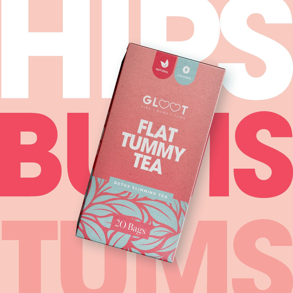 Box of GLO T Flat Tummy Tea on a pink background with text overlay Muscle Mecca