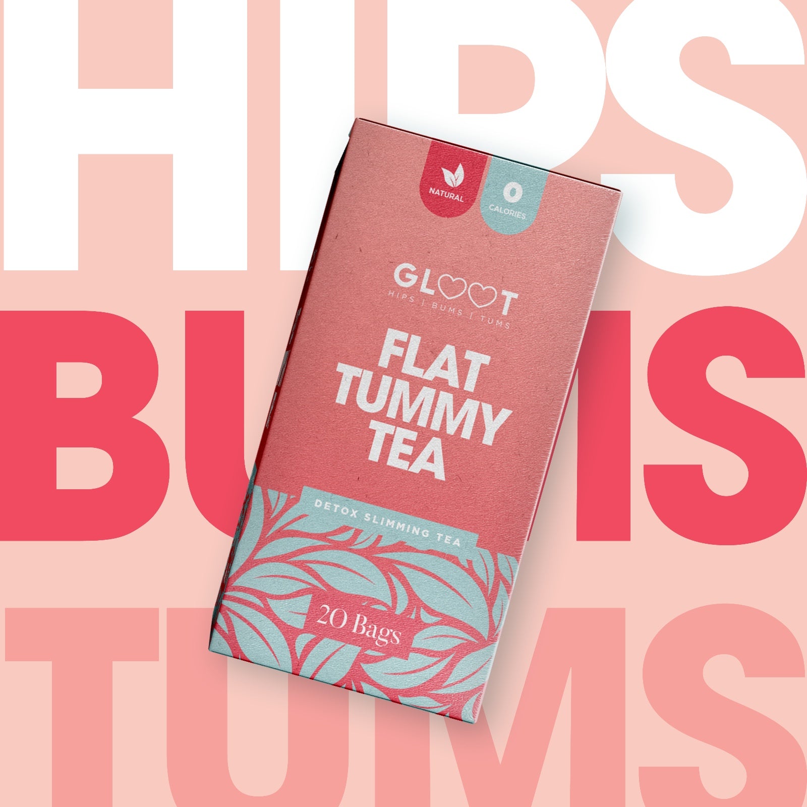 Box of GLO T Flat Tummy Tea on a pink background with text overlay Muscle Mecca