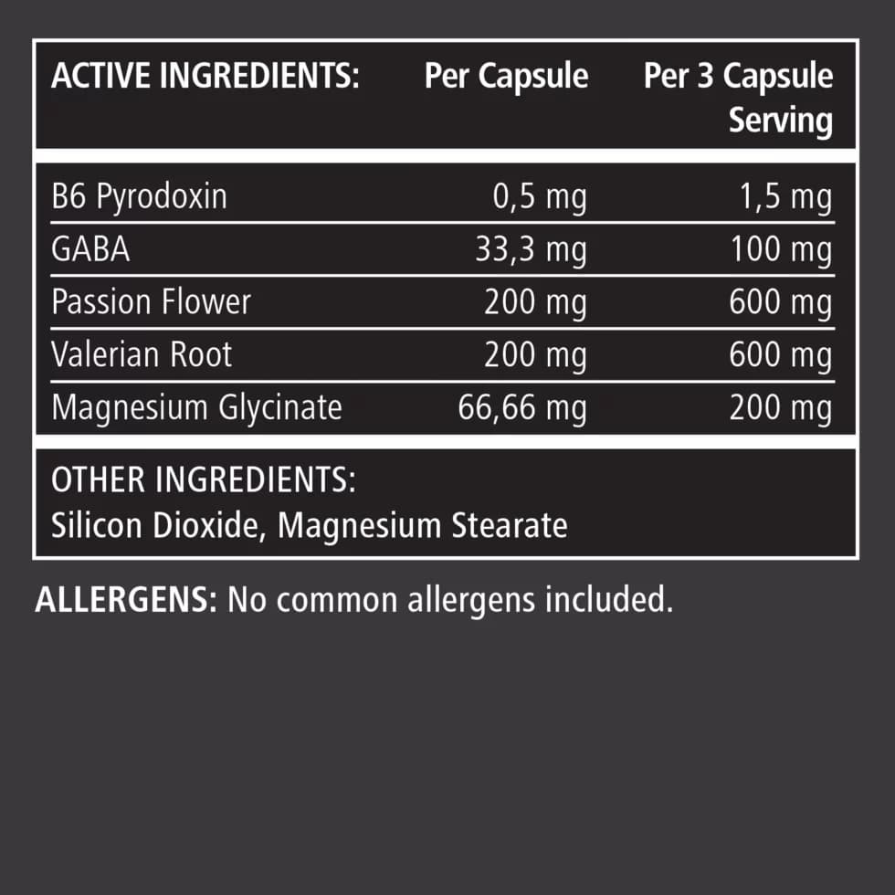 Nutritional supplement label with active ingredients and allergen information on a black background