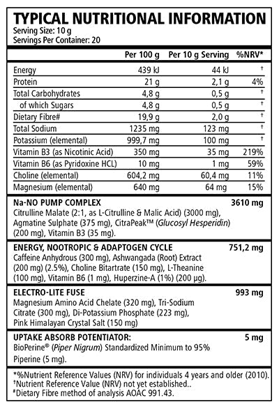 Nutritional information label for a supplement with detailed nutritional facts.