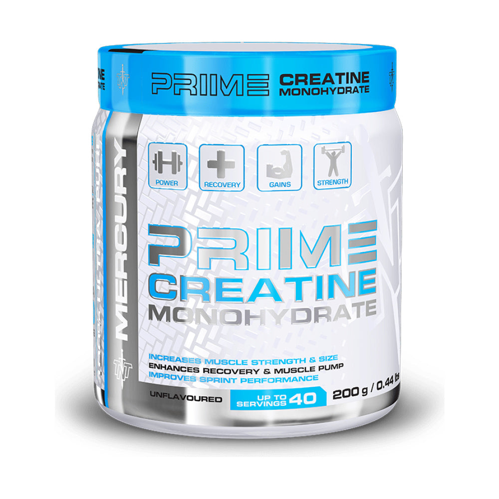 Container of Prime Creatine Monohydrate supplement with blue and white design. Muscle Mecca
