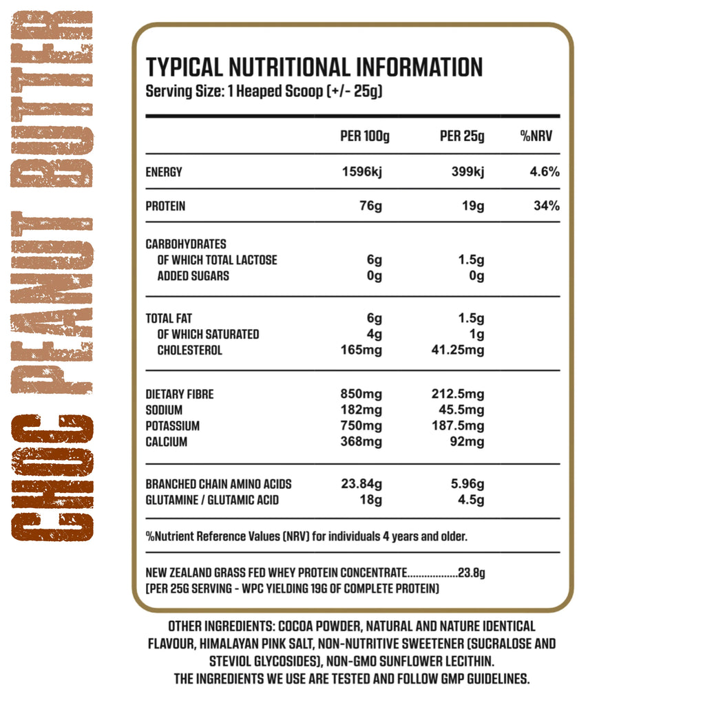 Nutritional information label for chocolate peanut butter on a white background Muscle Mecca
