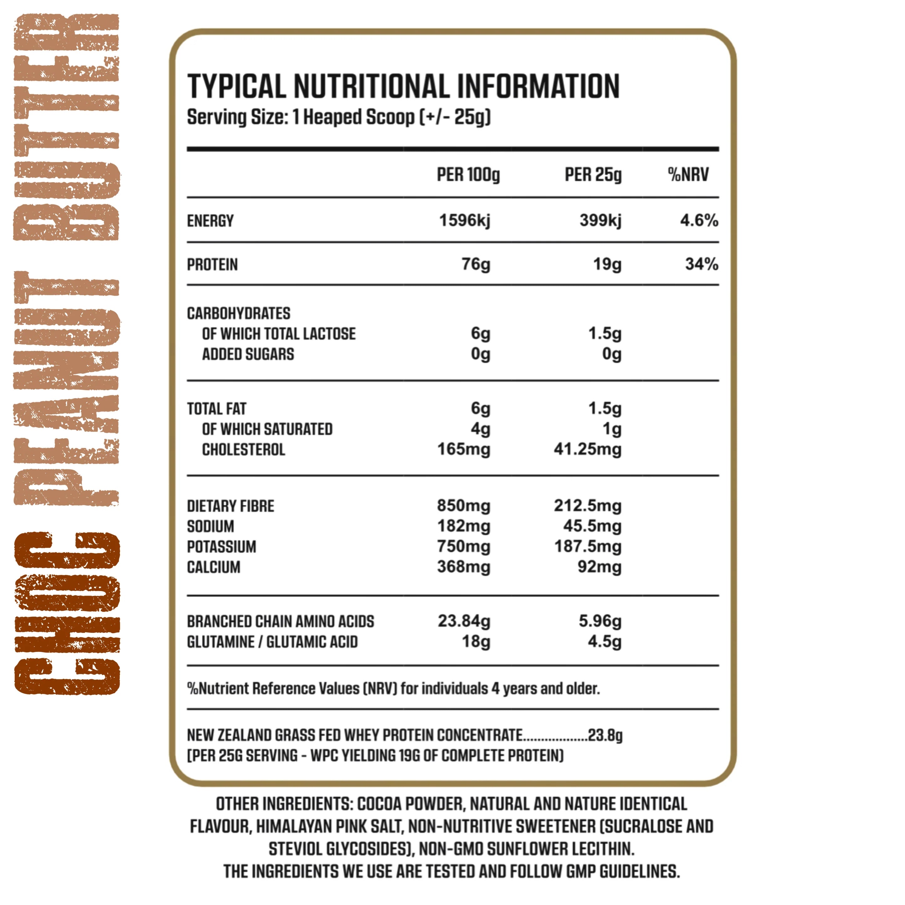 Nutritional information label for chocolate peanut butter on a white background Muscle Mecca