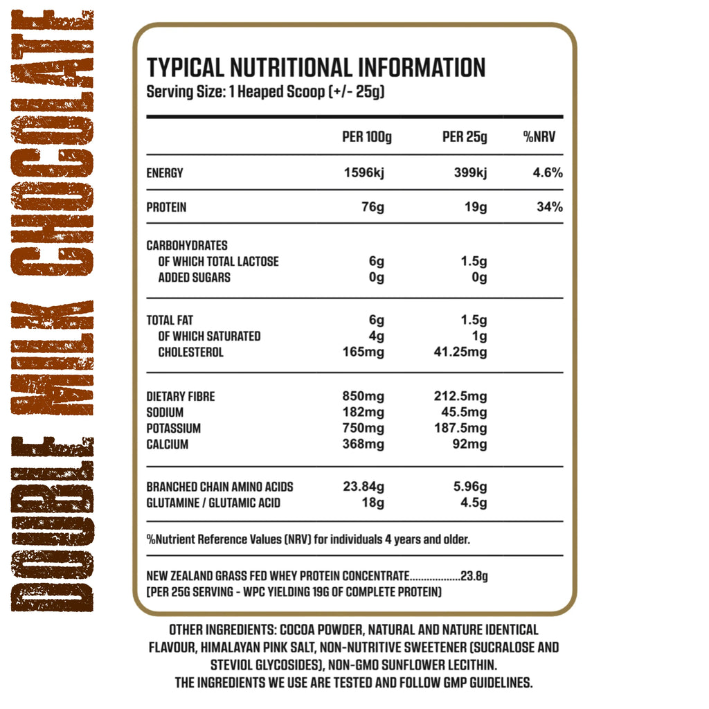 Nutritional information label for Double Mix Chocolate protein product Muscle Mecca