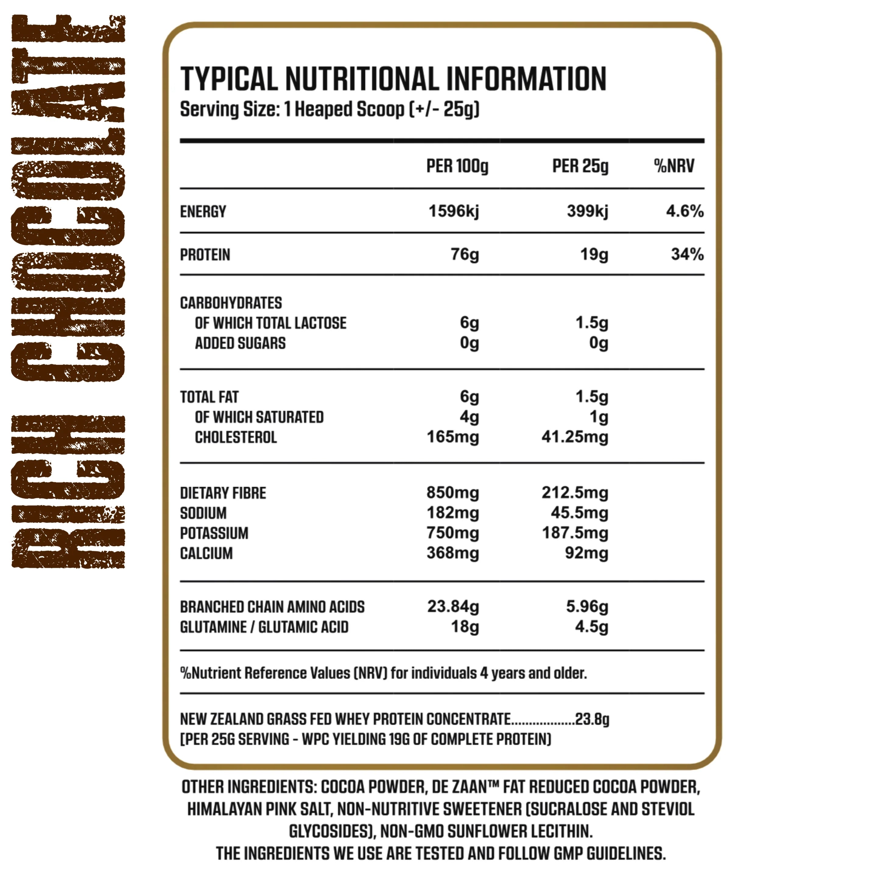 Nutritional information label for Rich Chocolate protein powder on a white background Muscle Mecca