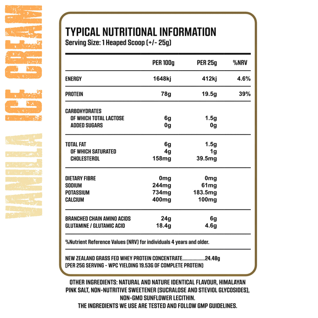 Nutritional information label for vanilla ice cream with gold and black text on a white background. Muscle Mecca