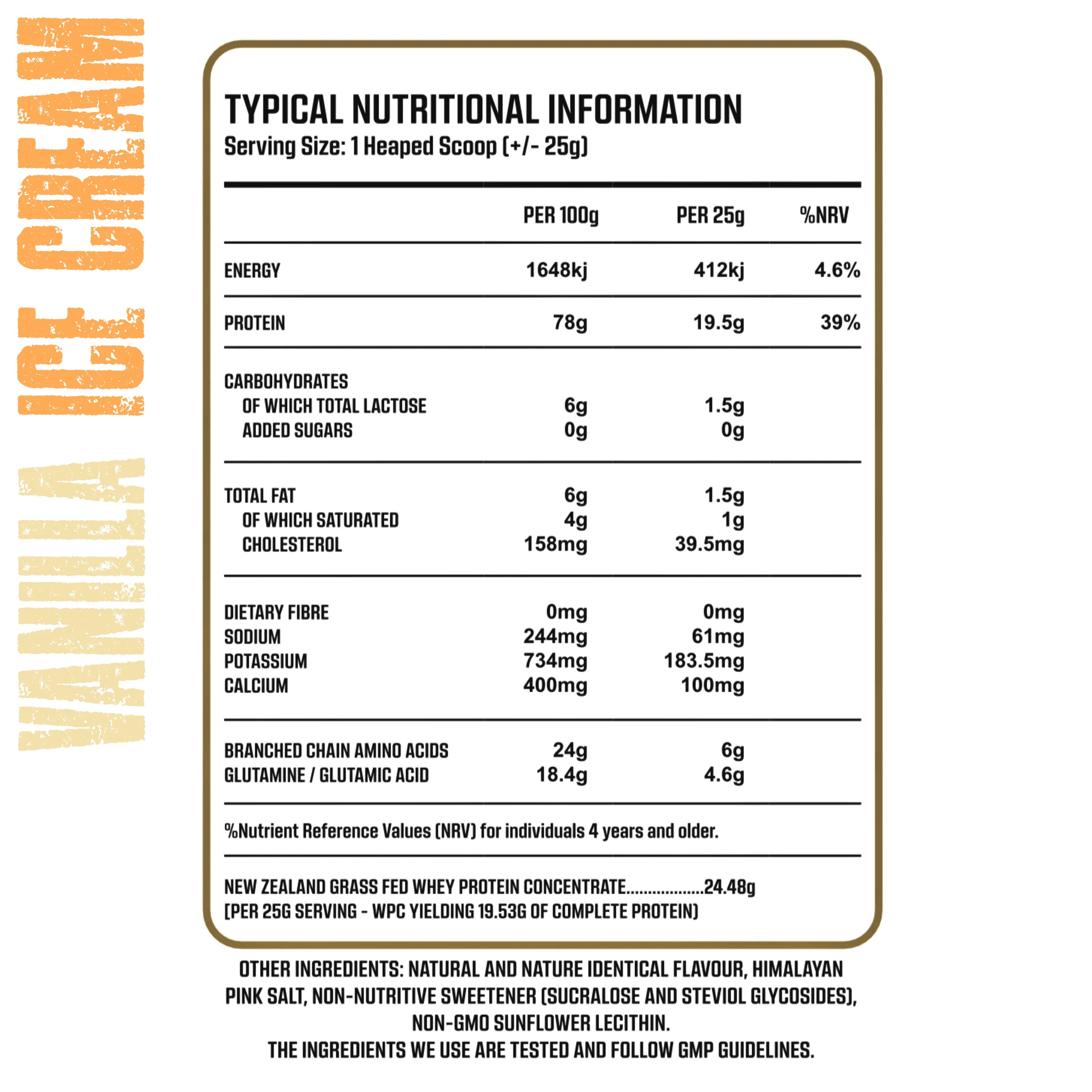 Nutritional information label for vanilla ice cream with gold and black text on a white background. Muscle Mecca