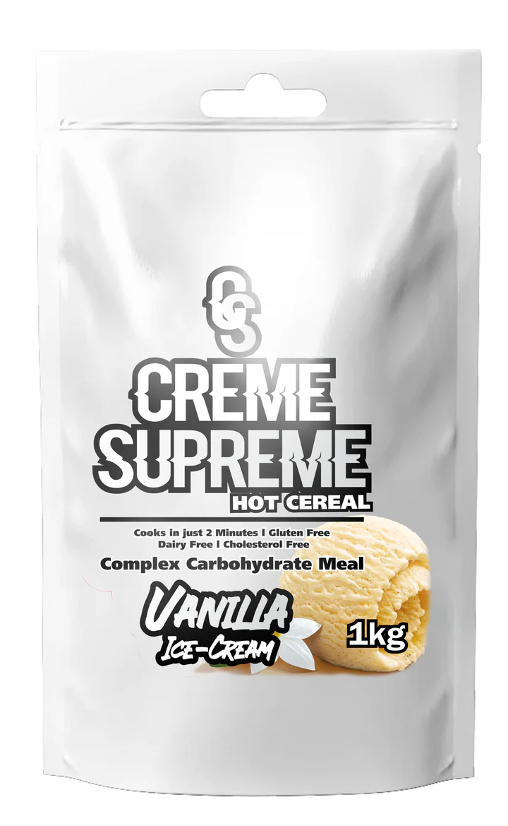 Creme Supreme hot cereal package with vanilla ice cream flavor on a white background